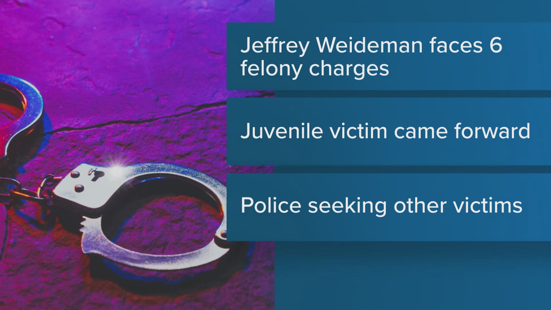 Jeffrey Weideman was arrested after a juvenile victim came forward and reported that Weideman had sexually abused her for years, Loveland Police said.