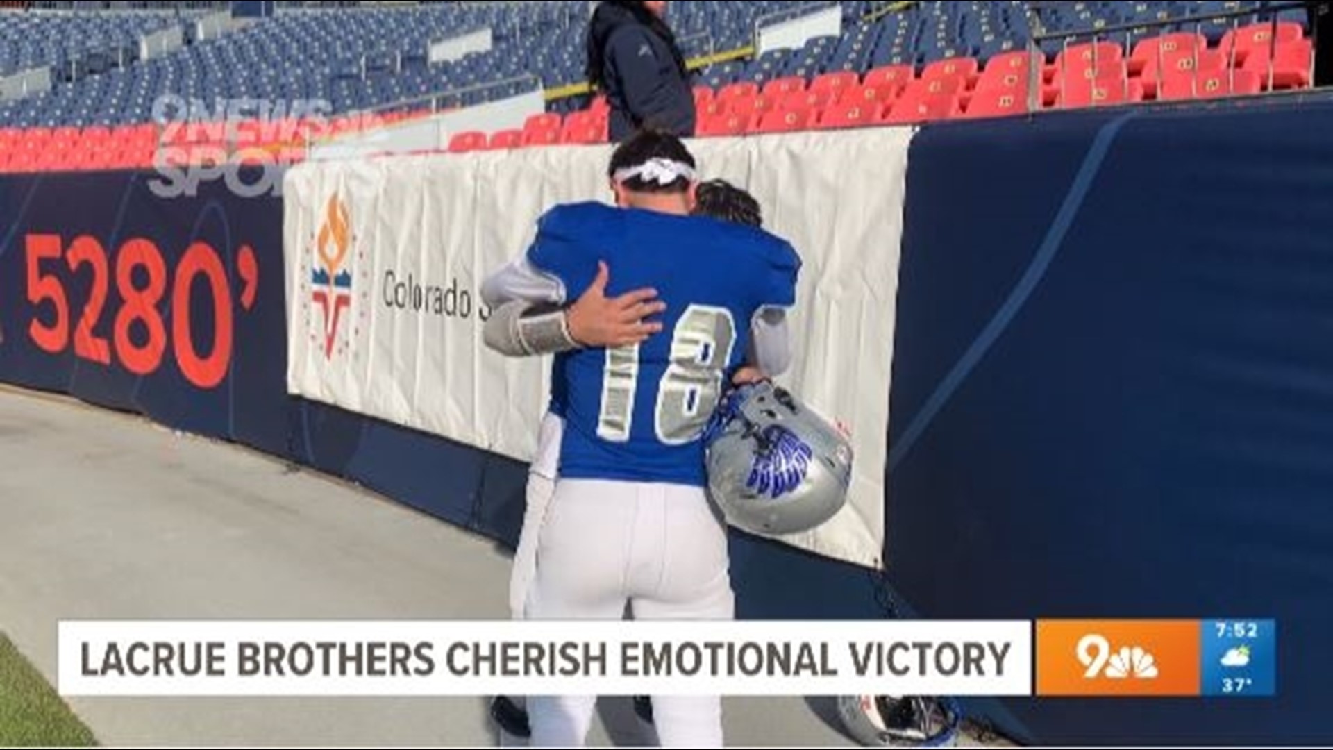 Cole and Ty Lacrue embraced near their old seats at Mile High after winning Broomfield's first state football title since 1984