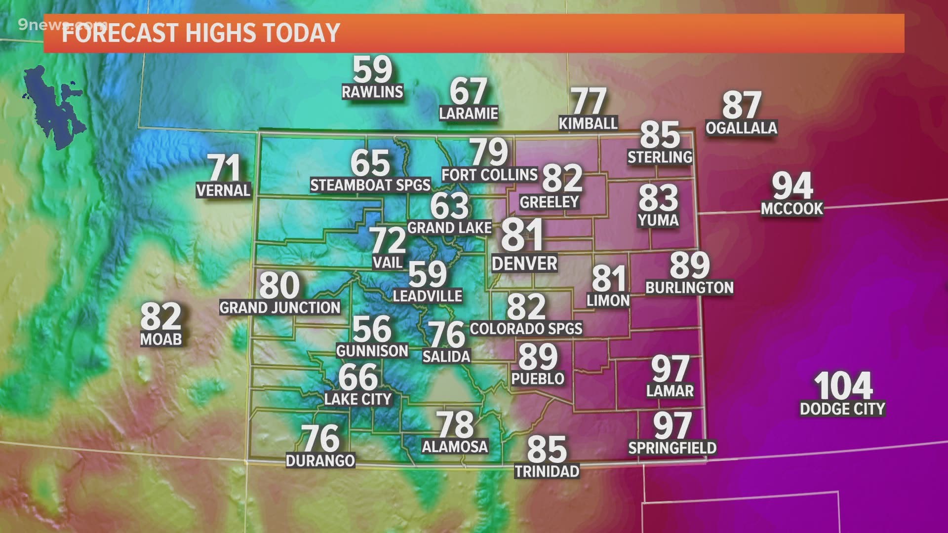 A cold front from western Colorado will bring some clouds and even a few light showers from 10 a.m. until 1 p.m.