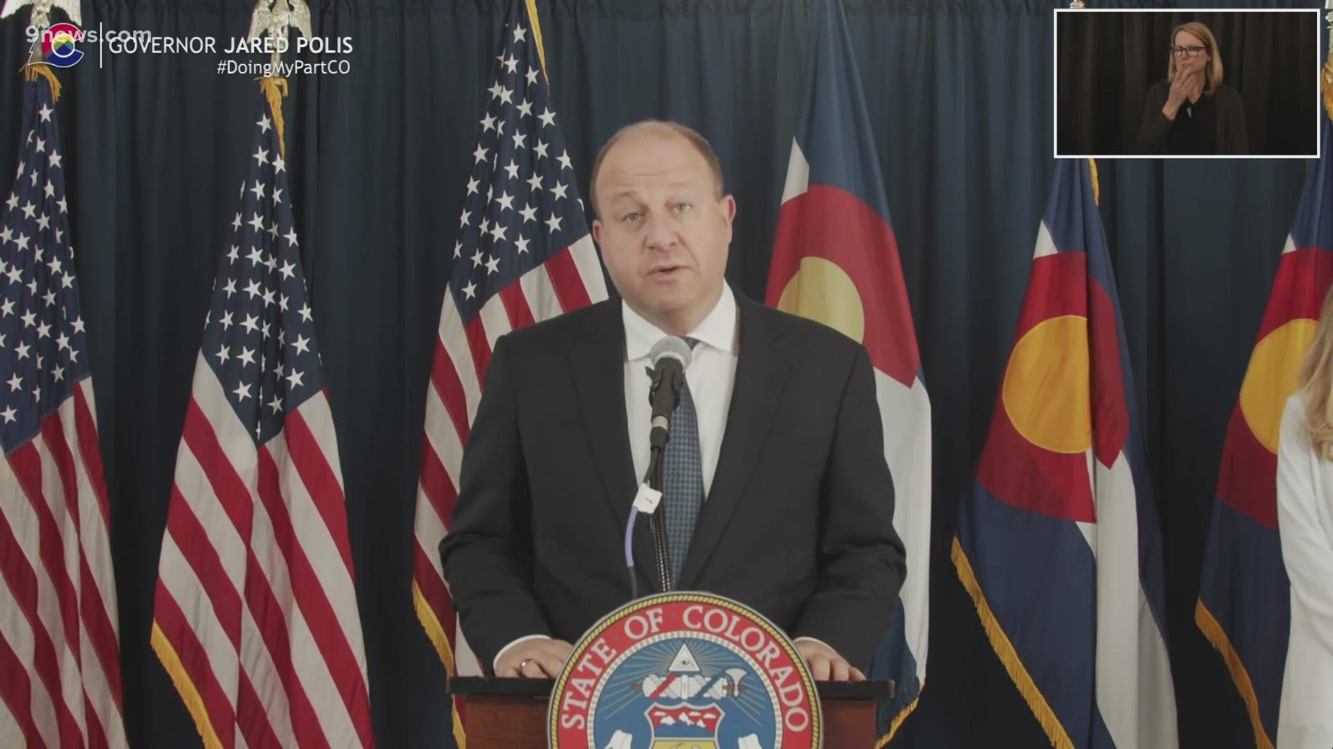 Gov. Jared Polis holds a news conference on the COVID-19 pandemic in Colorado on April 20, 2021.