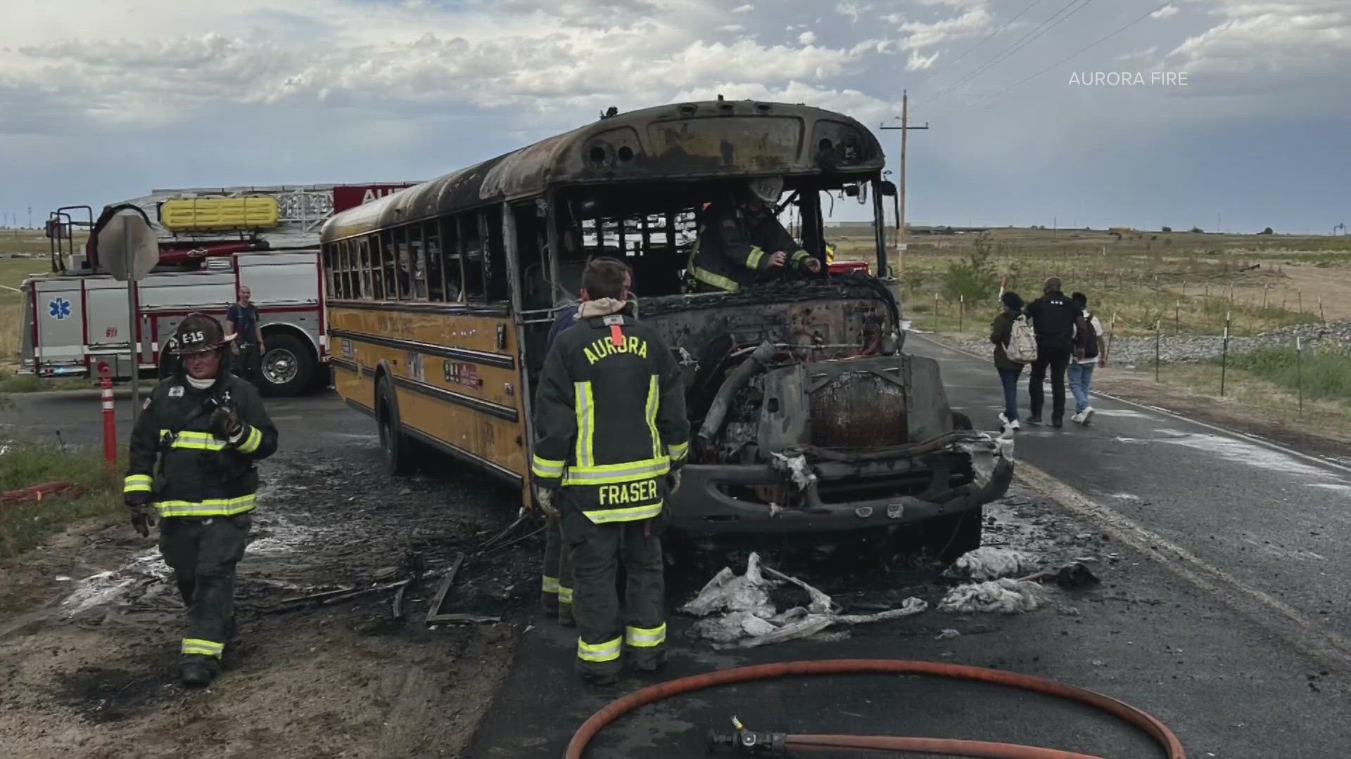 The bus driver and all 14 children were safely evacuated and unharmed, the fire department said.