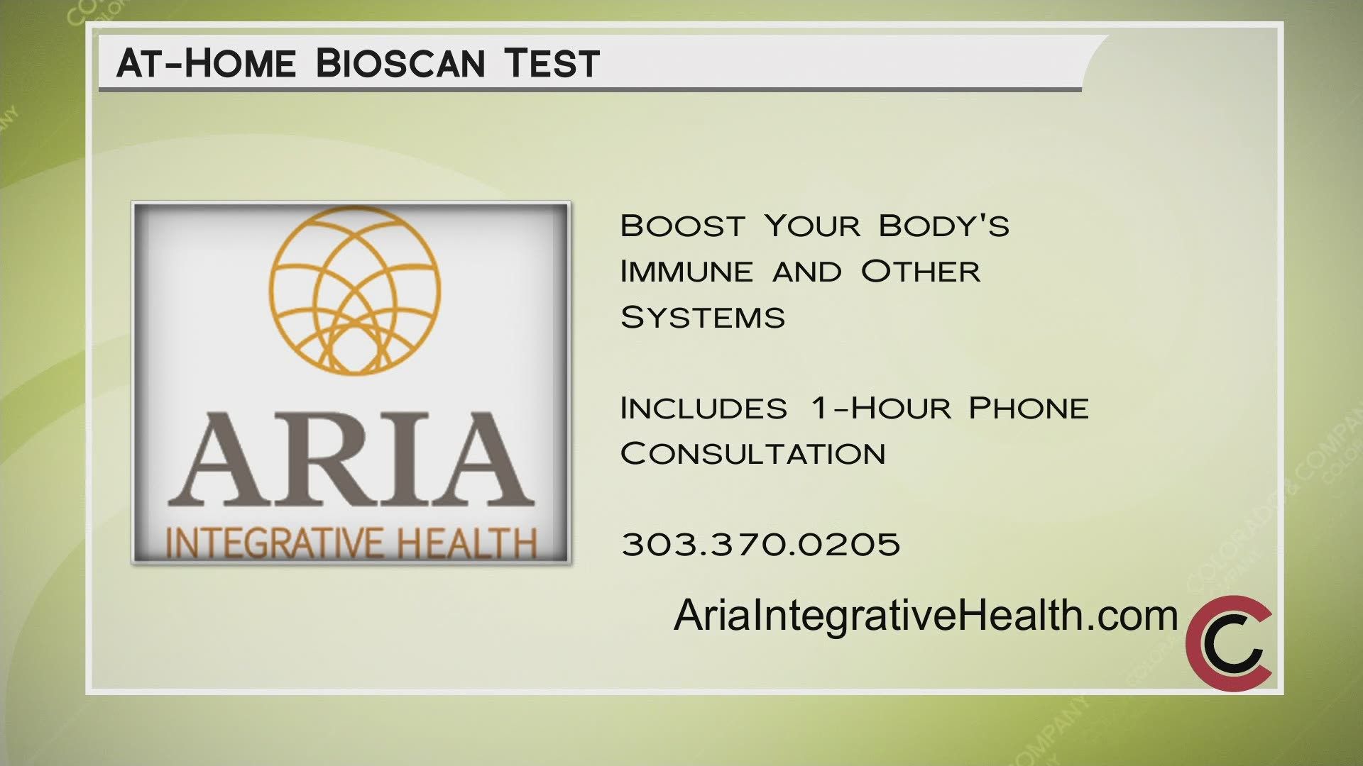 Get your at-home Bioscan kit from Aria Integrative Health by calling 303.370.0205 or online at AriaIntegrativeHealth.com.