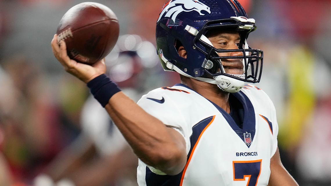 Denver Broncos running back Tyler Badie (36) reacts after scoring