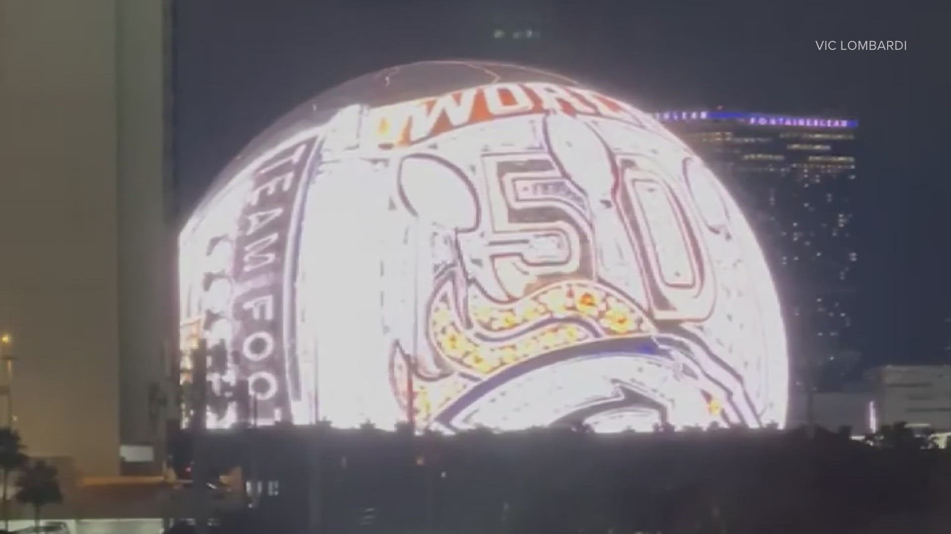 The Sphere, Sin City's newest landmark, displayed the Broncos' Super Bowl 50 ring Tuesday night.
