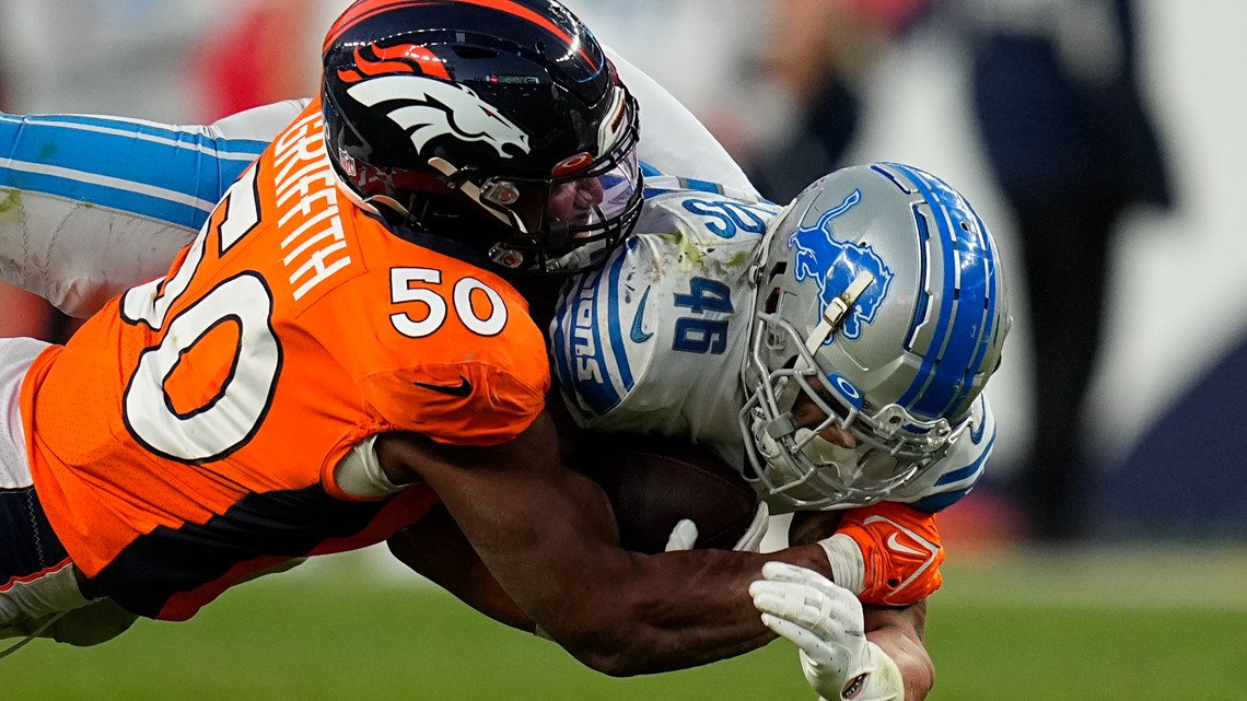 DENVER, CO - SEPTEMBER 25: Denver Broncos linebacker Jonas Griffith (50)  celebrates a defensive play during a game between the San Francisco 49ers  and the Denver Broncos at Empower Field at Mile