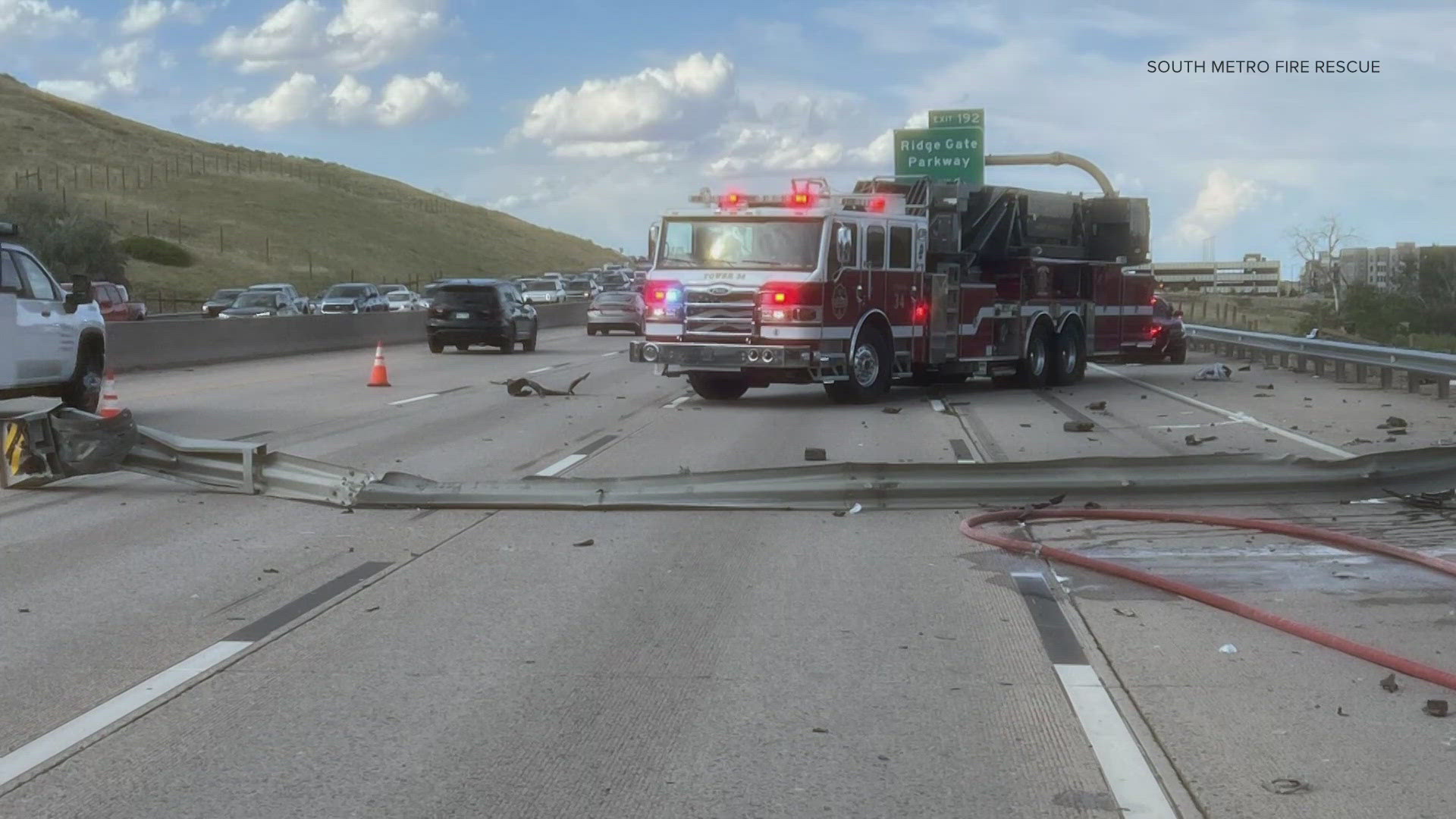 The crash happened Monday on northbound I-25 just south of Ridgegate Parkway. Colorado State Patrol said that the car ran into a signpost before catching fire.