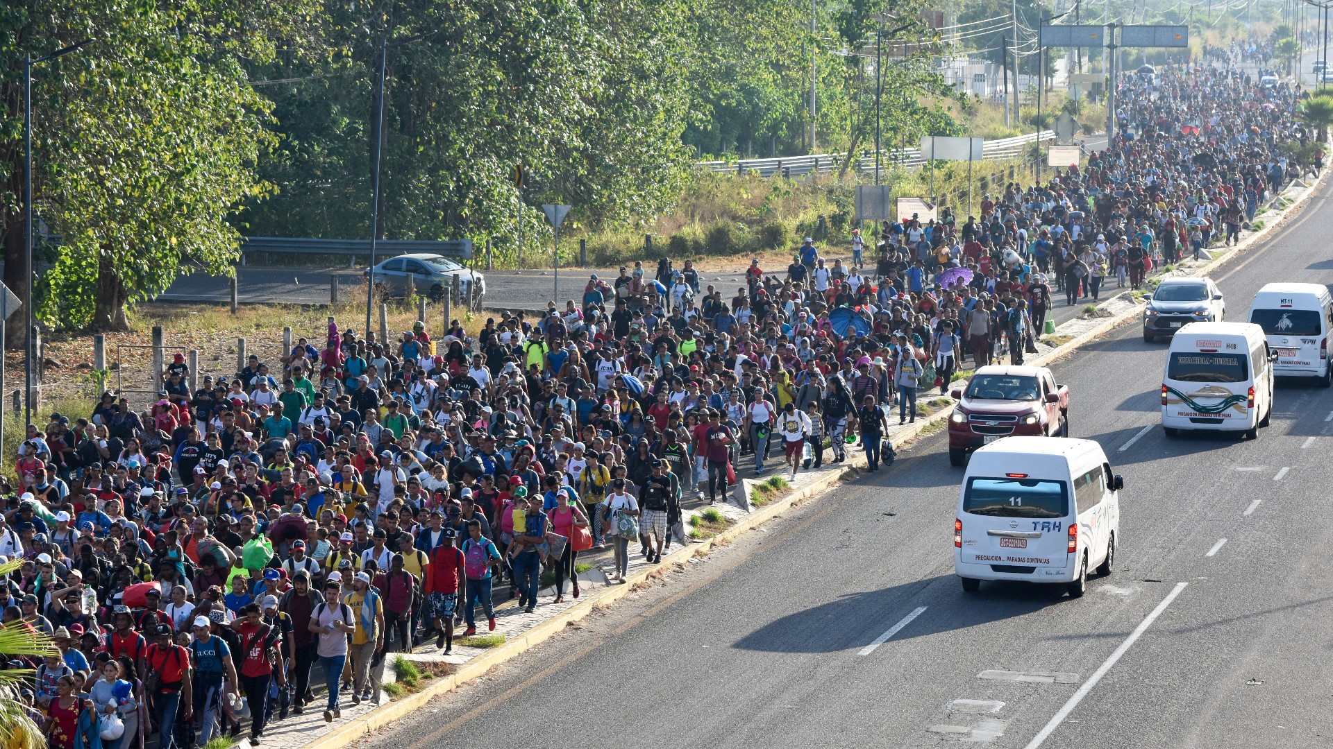 A sprawling caravan of migrants from Central America, Venezuela, Cuba and other countries trekked through Mexico on Monday, heading toward the U.S. border.
