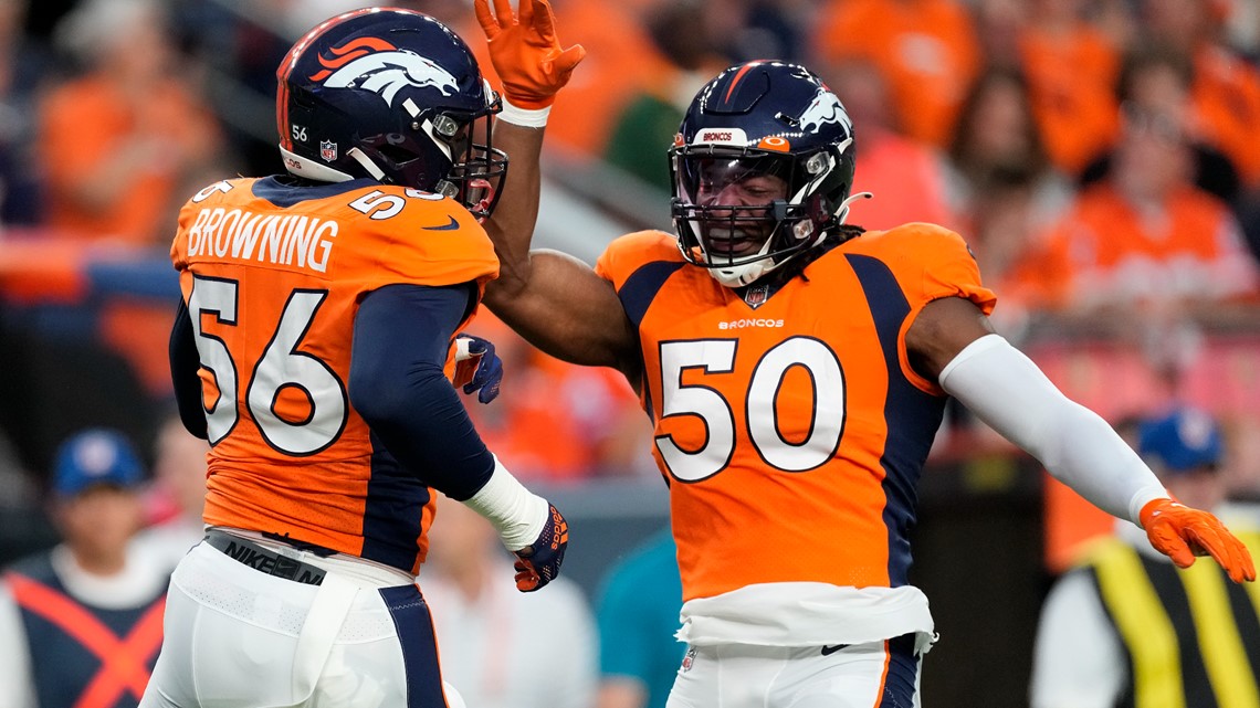 A dog wears the jersey of Denver Broncos outside linebacker Von Miller  before an NFL football game against the Tennessee Titans Sunday, Oct. 13,  2019, in Denver. (AP Photo/David Zalubowski Stock Photo 