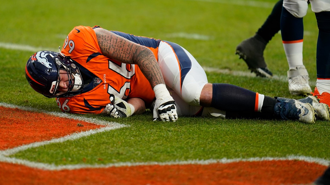 Denver Broncos offensive tackle Mike McGlinchey (69) lines up against the  Las Vegas Raiders during an NFL football game Sunday, Sept. 10, 2023, in  Denver. (AP Photo/Jack Dempsey Stock Photo - Alamy