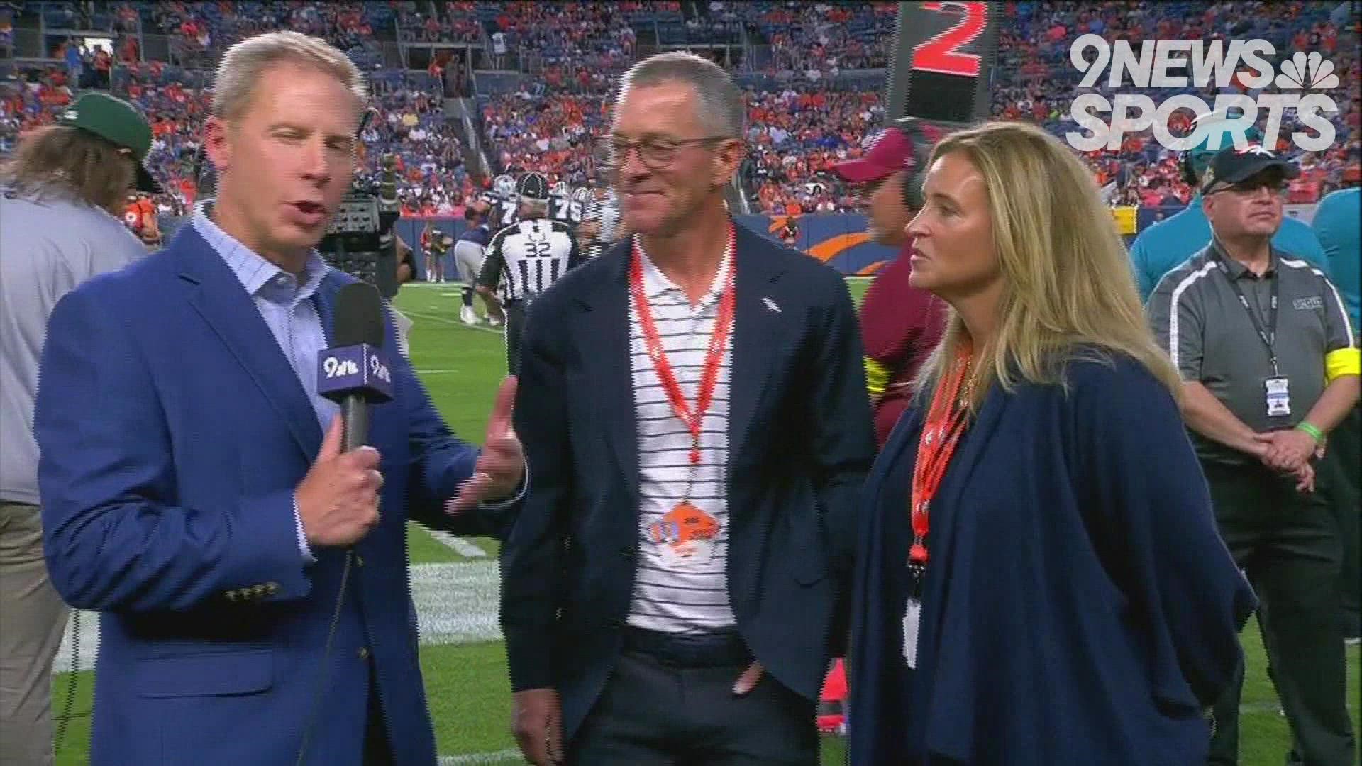 9NEWS Sports Director Rod Mackey interviews Denver Broncos ownership partners Greg Penner and Carrie Walton-Penner during the preseason opener.