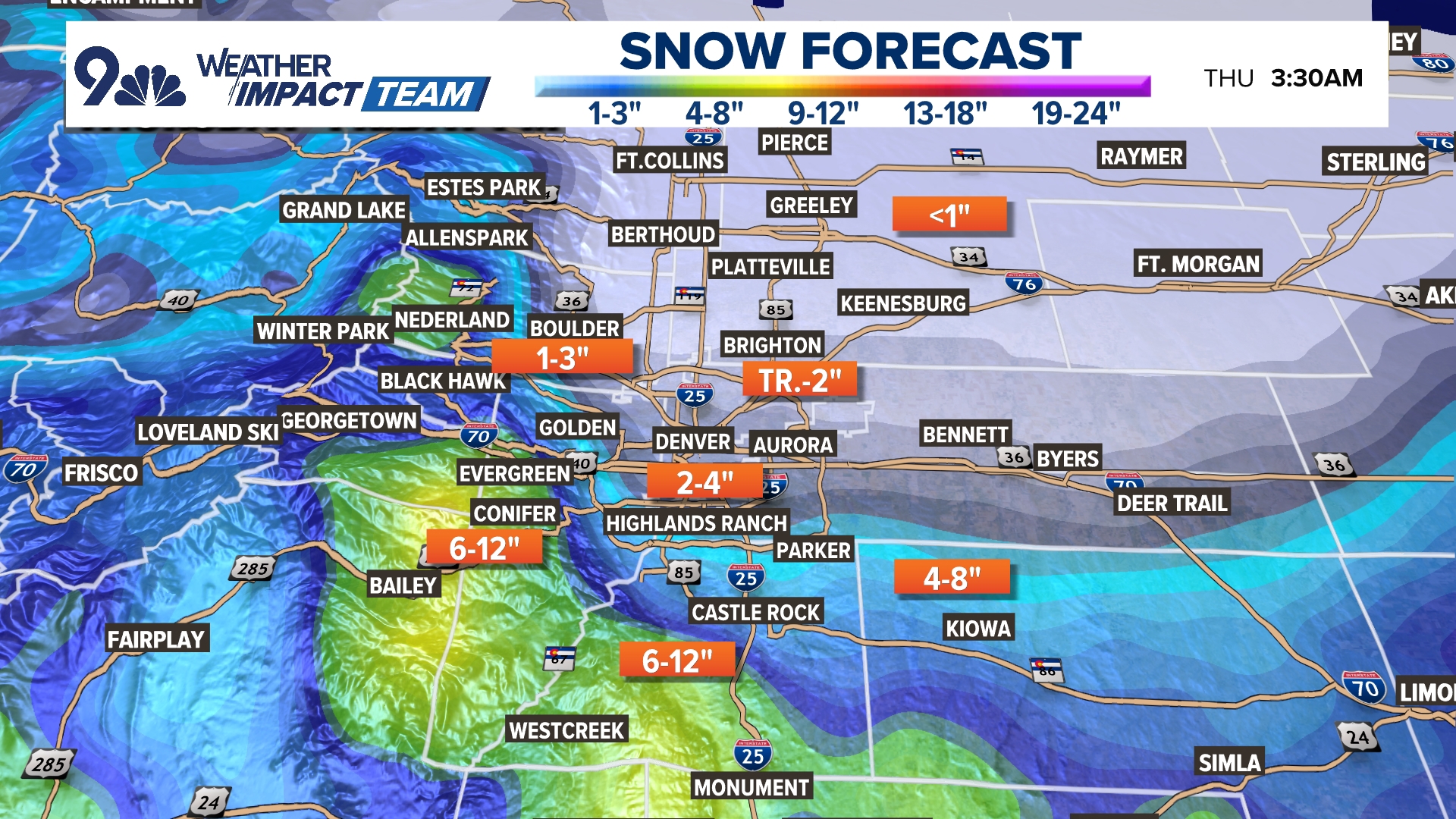 Highest and heaviest snow will fall west and south of Denver, where Winter Weather Advisories are in place.