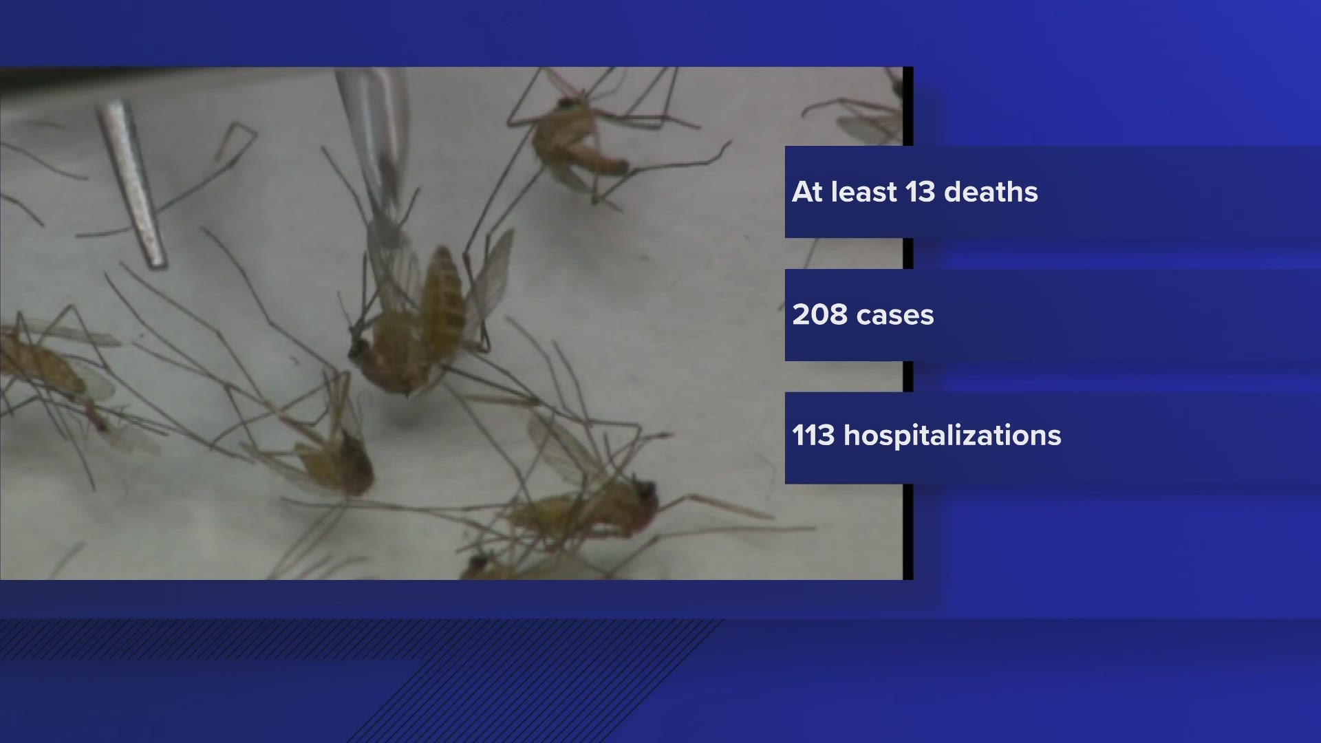 CDPHE has reported 208 human cases of West Nile virus and 13 deaths in Colorado as of Wednesday.
