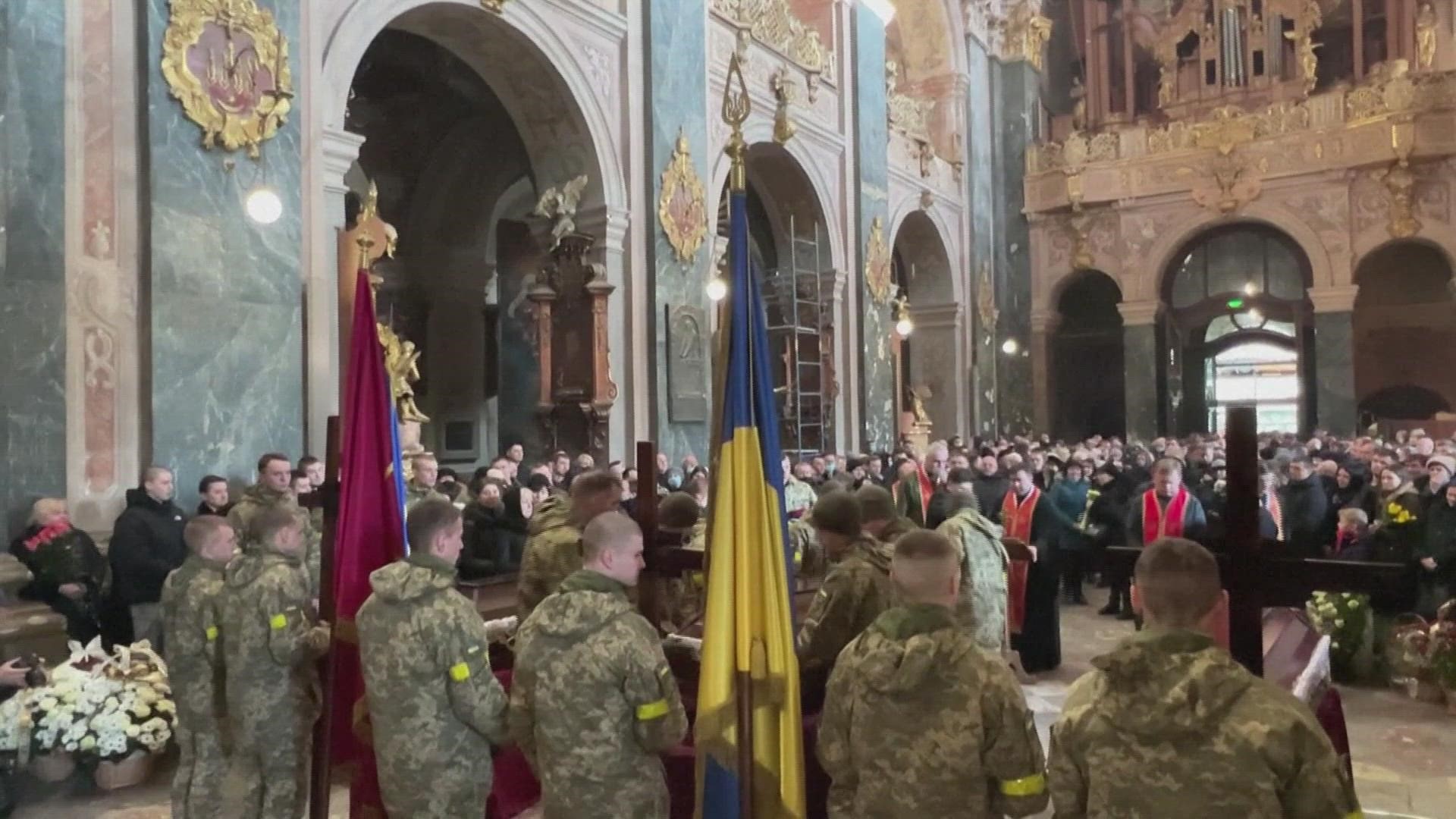 A funeral was held in the western Ukrainian city of Lyev earlier today, for soldiers killed in the war