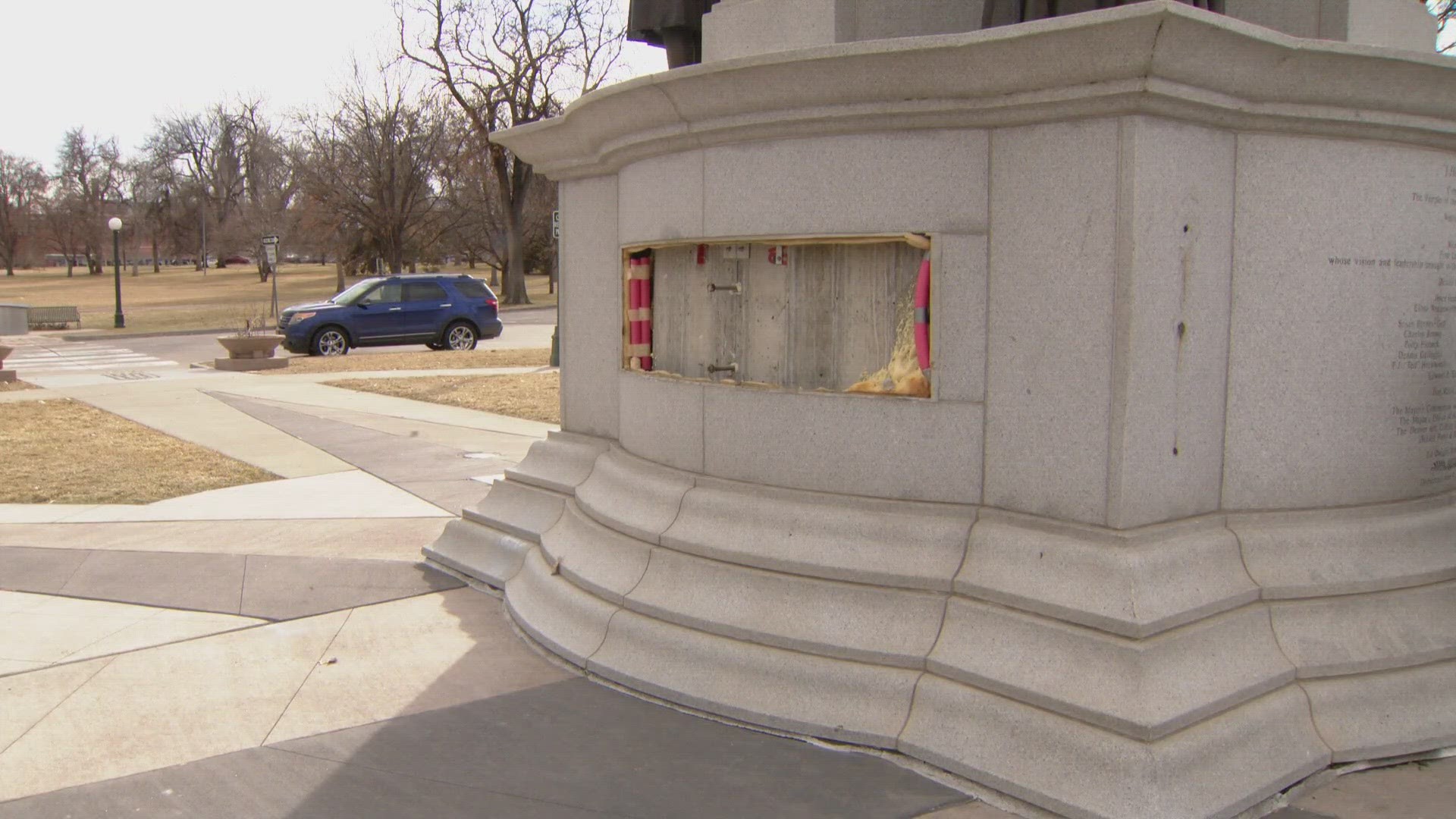 Police have identified one suspect and are working to identify a second after three pieces of the monument were sold as scrap metal.