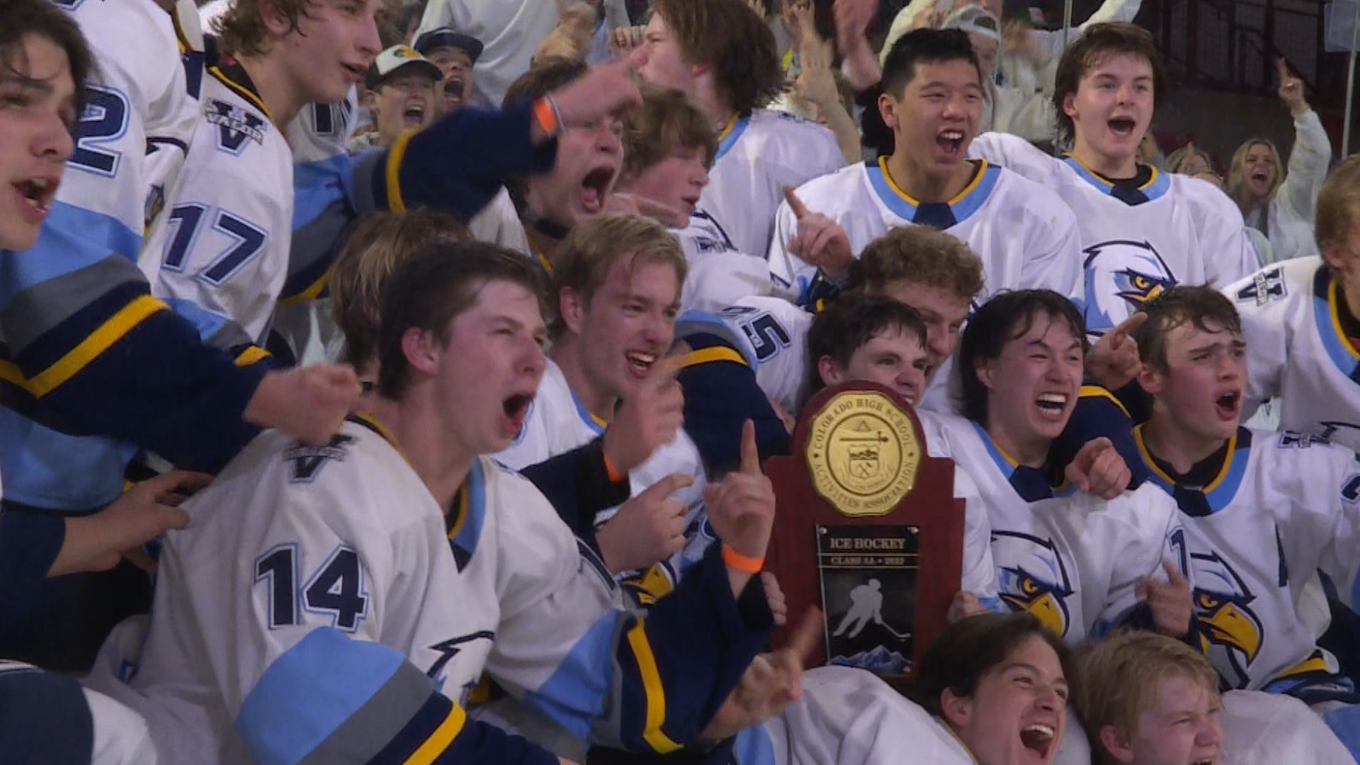 The Eagles won 7-3 over the Mustangs in the Class 5A hockey state title game on Tuesday night.