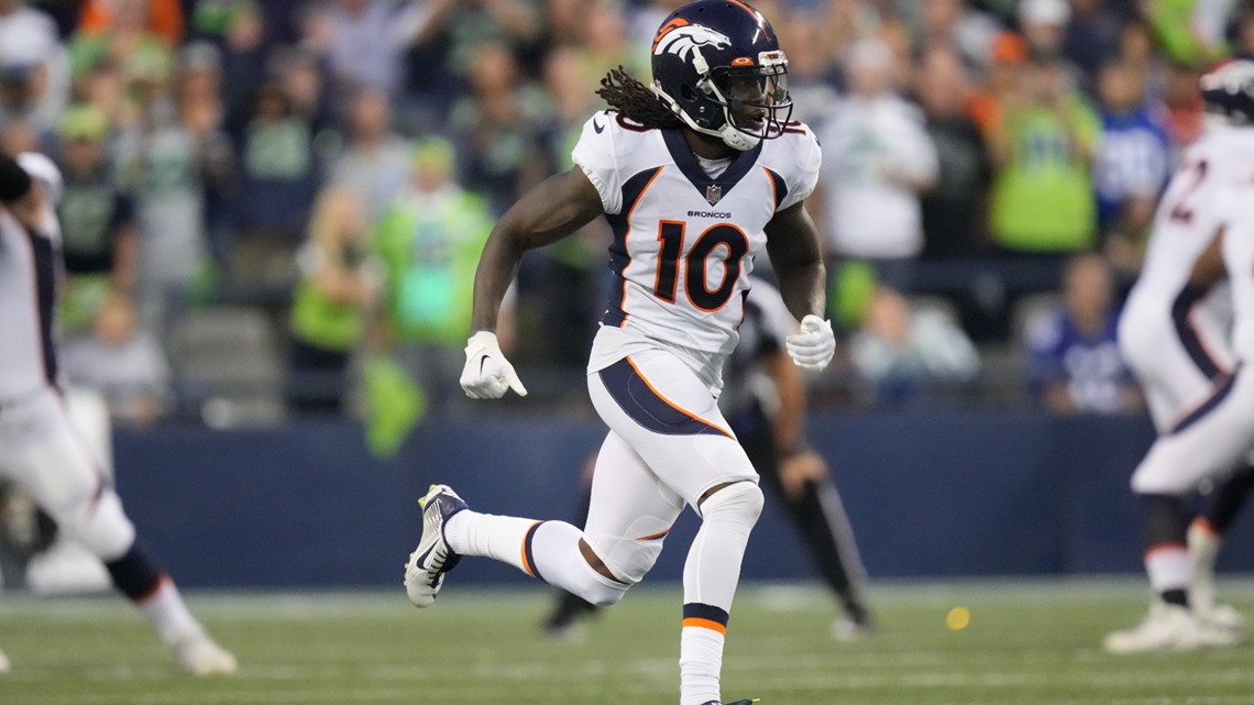 Denver Broncos wide receiver Jerry Jeudy runs toward the end zone