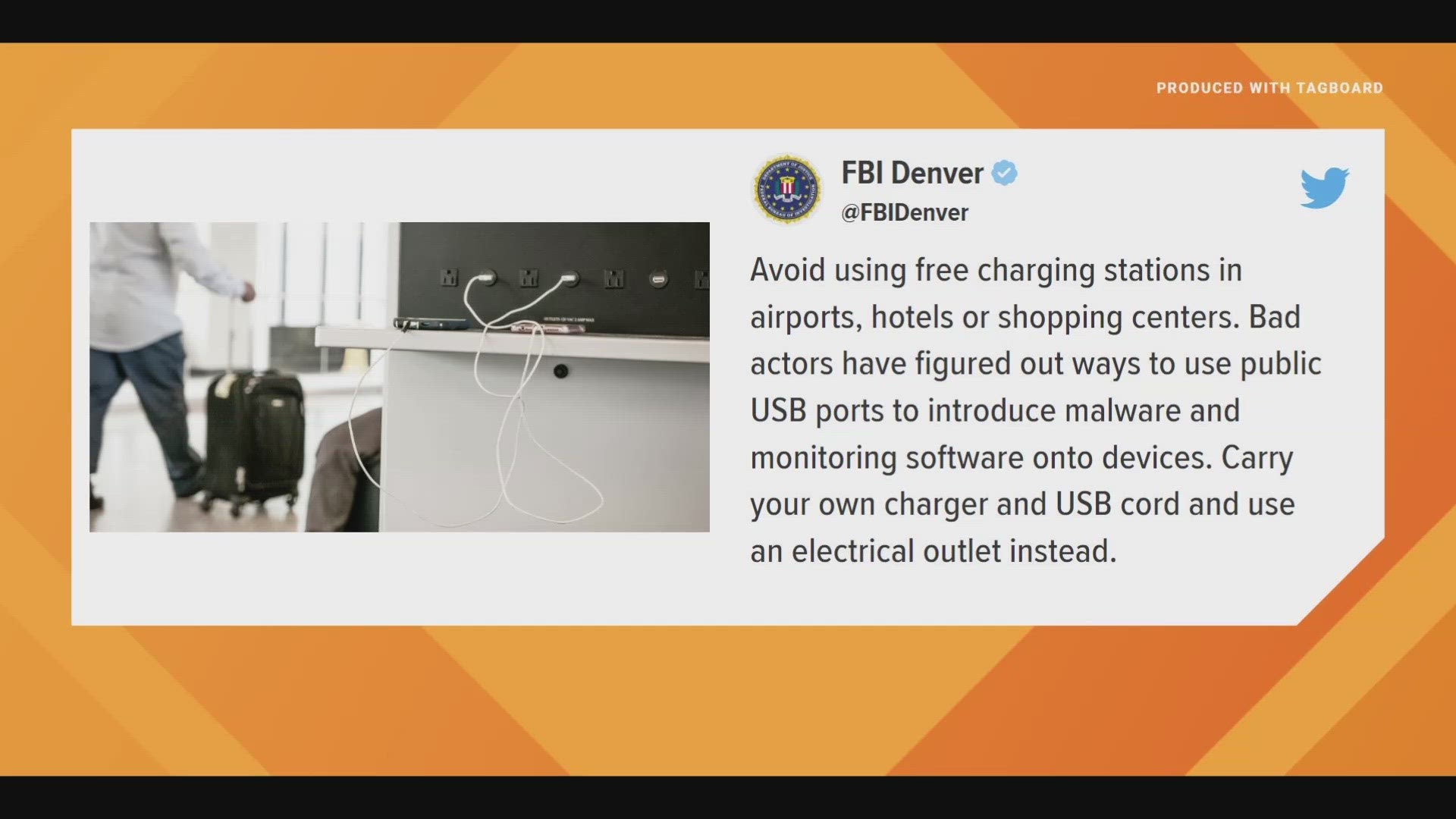 FBI Denver is warning people against using free USB charging stations at airports, hotels or shopping centers because hackers can use them to put malware on devices.