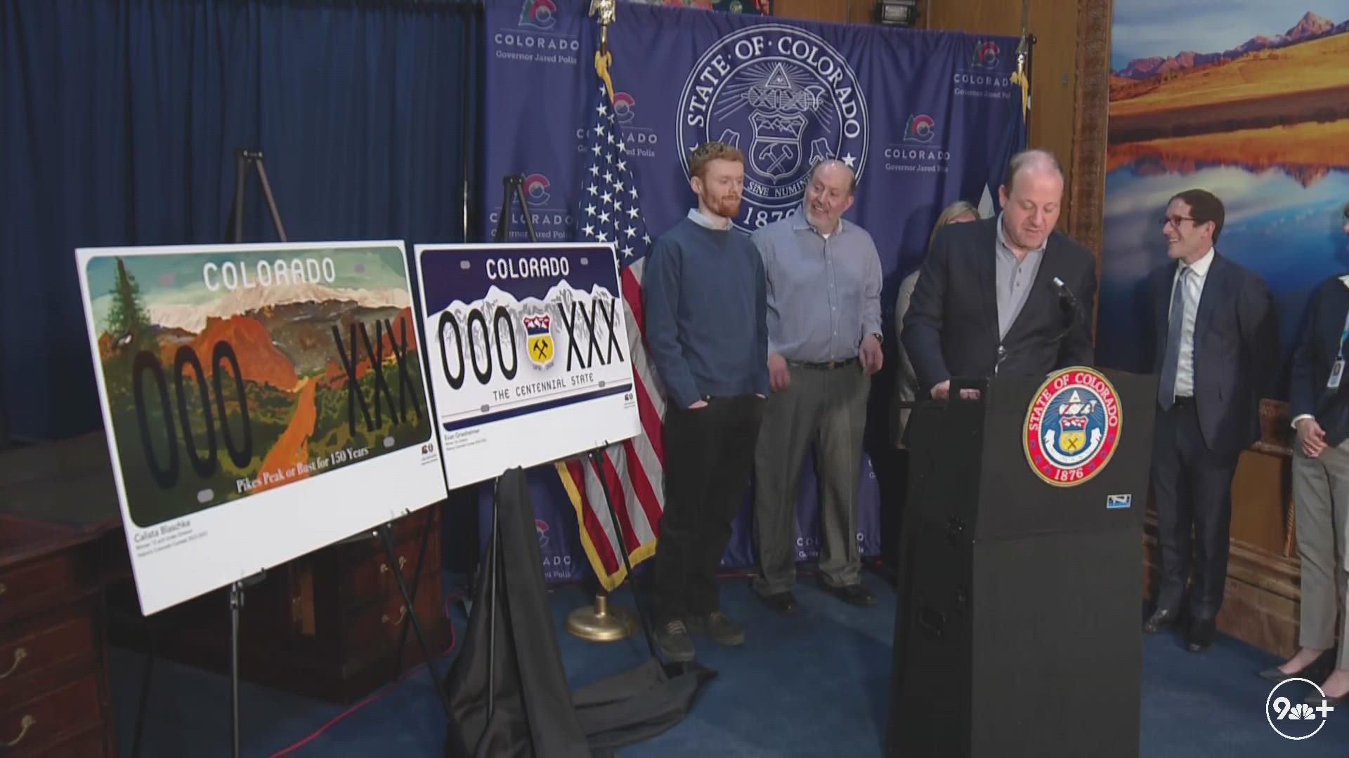 Gov. Jared Polis on Wednesday unveiled two new license plates in celebration of Colorado’s 150th anniversary.