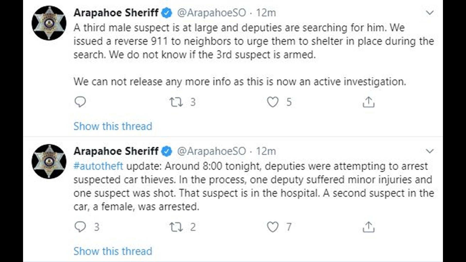 Car theft suspect shot in Arapahoe County, 3 others arrested | 9news.com