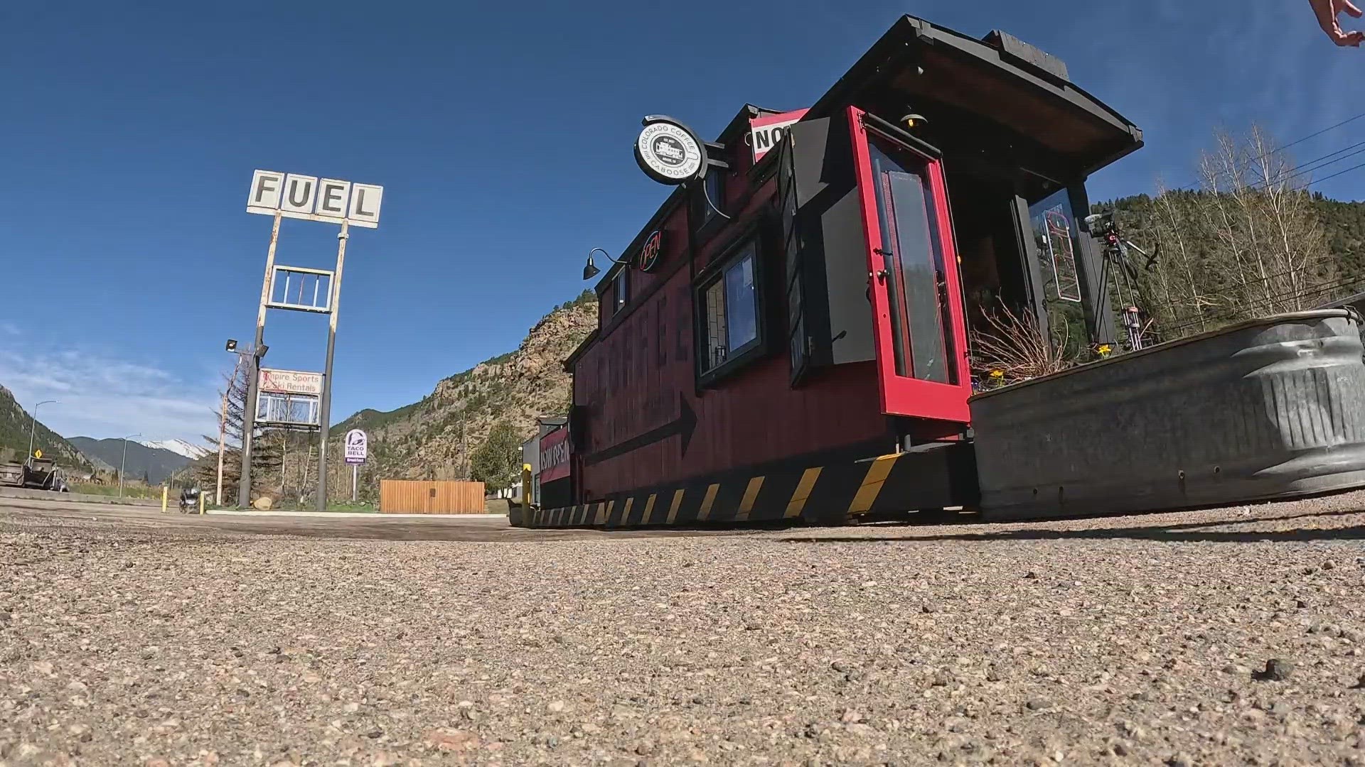 The little red caboose, which is mostly built for drive-thru business sits in a parking lot of I-70 in the Dumont/Downieville area.