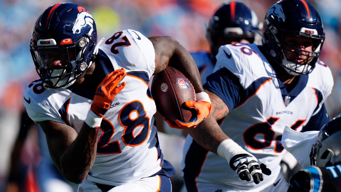 Denver Broncos running back Latavius Murray (28) walks on the sidelines  before the second half of an NFL football game against the Tennessee Titans  Sunday, Nov. 13, 2022, in Nashville, Tenn. (AP