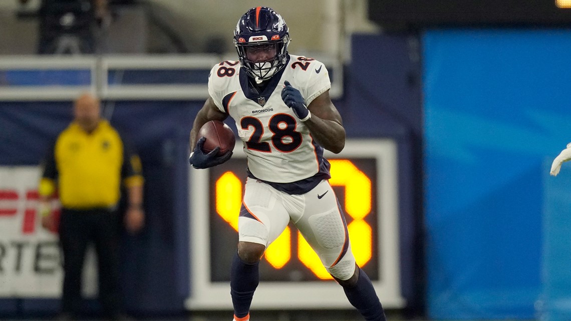 Denver Broncos running back Latavius Murray (28) walks on the sidelines  before the second half of an NFL football game against the Tennessee Titans  Sunday, Nov. 13, 2022, in Nashville, Tenn. (AP