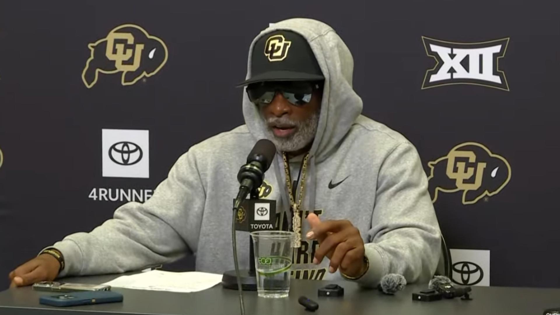 Colorado head coach Deion Sanders addresses the media after the Buffs' 38-31 OT win over Baylor.