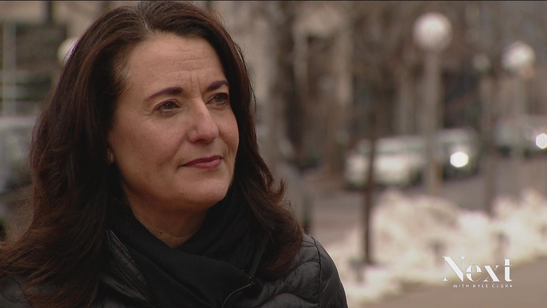 Denver mayoral candidate Kelly Brough is one of the city's more prominent names in the race. She talked police funding and homeless sweeps at an event today.