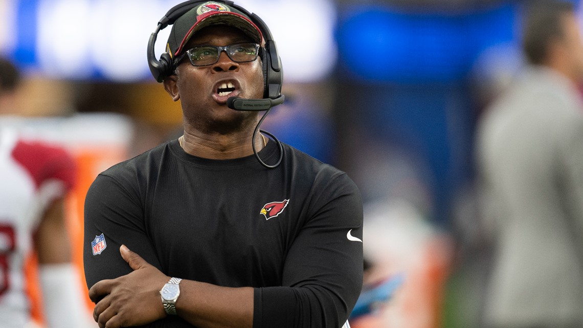 Denver Broncos defensive coordinator Vance Joseph, right, gestures from the  sideline during the second half of an NFL preseason football game against  the Arizona Cardinals in Glendale, Ariz., Friday, Aug. 11, 2023. (