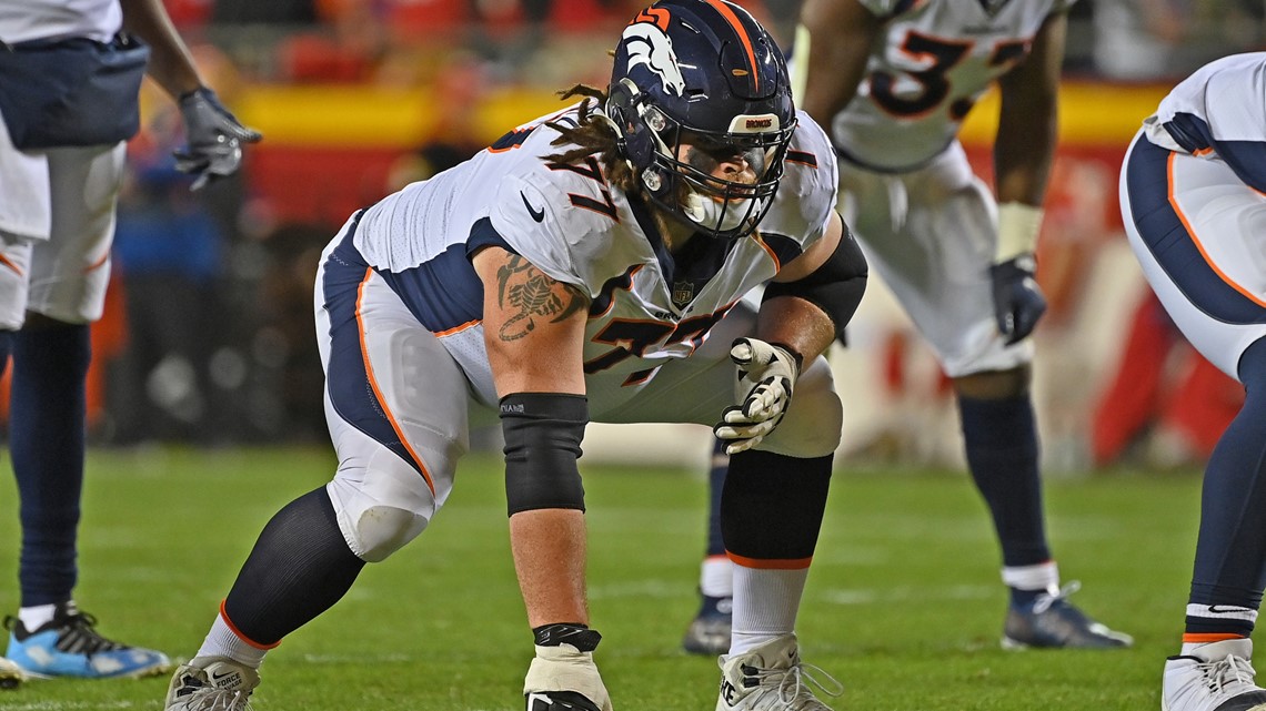 Denver Broncos guard Quinn Meinerz (77) warms up prior to an NFL