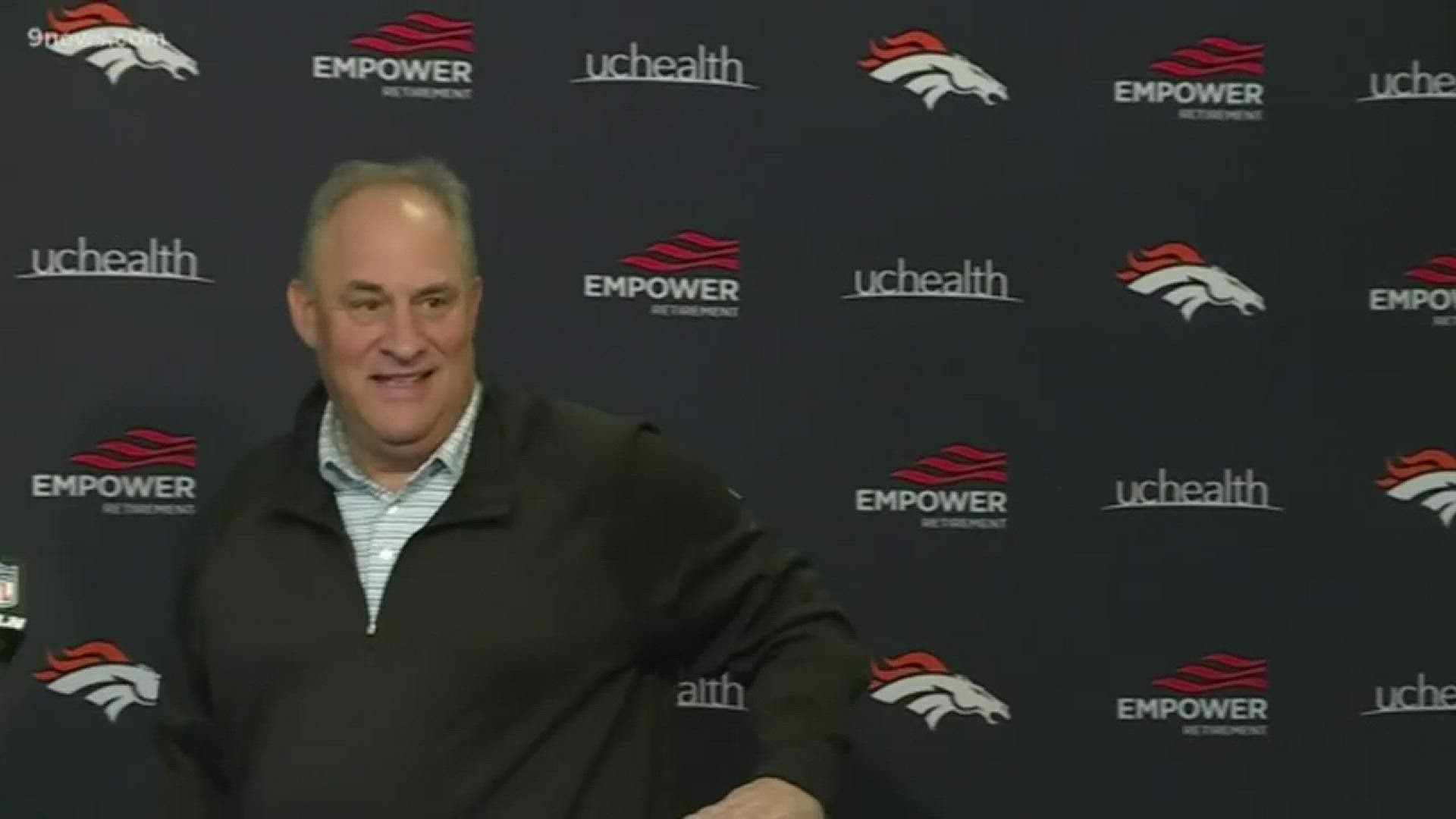 Denver Broncos and head coach Vic Fangio introduce new offensive coordinator Pat Shurmur on Thursday, Feb. 6, 2020 at UCHealth Training Center in Englewood, Colo.