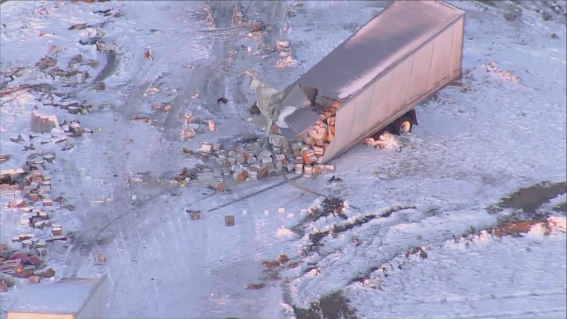 Aerial view shows wreckage from I-70 crash involving multiple semis