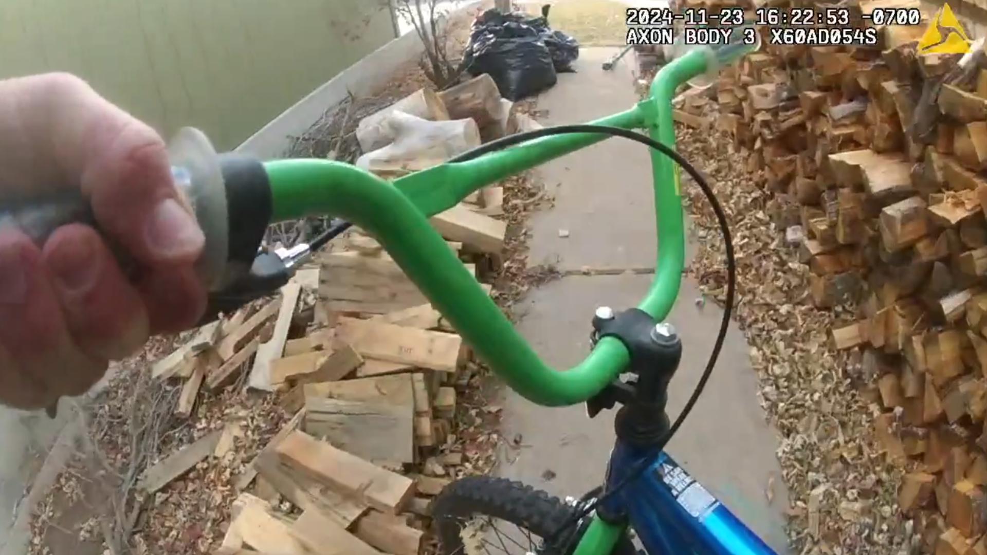 Lone Tree Police bodycam footage shows the officer using a kids bike to chase down a theft suspect on a kids motorized scooter on Nov. 23, 2024.