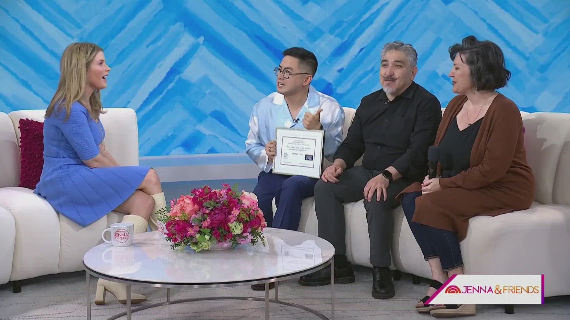 Bowen Yang's former teacher and improv coach at Smoky Hill High School, Adrian Holguin, and his wife, Stacey, surprised him live on air.