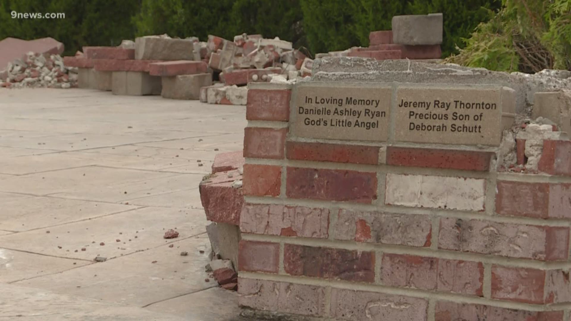 The pillars were located at the Smoky Hill Baptist Church and contained ashes and names of the deceased.