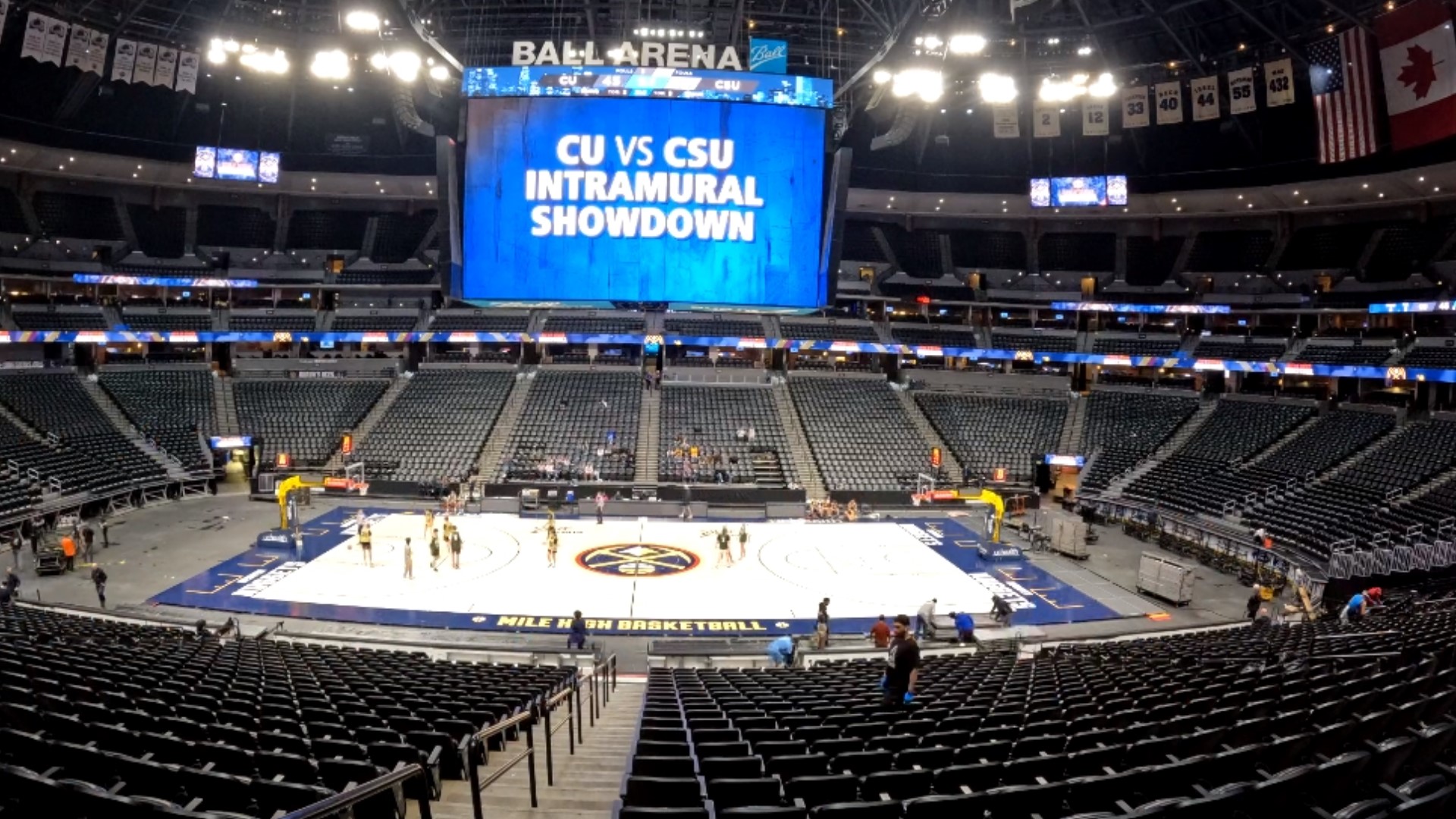 A team of 25-30 people called the “conversion crew” builds the hockey rink walls and removes the Nuggets' hardwood court.