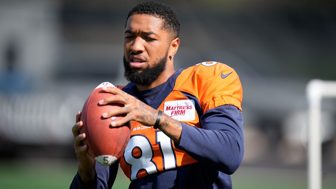 Denver Broncos wide receiver Tim Patrick (81) celebrates a