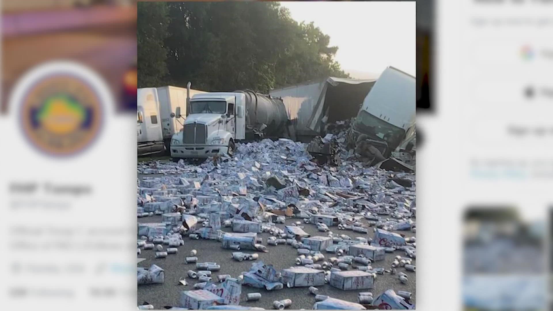 A massive truck crash that included 5 semi-trucks with one carrying a lot of Coors Light. Part of the highway was shut down for clean up.