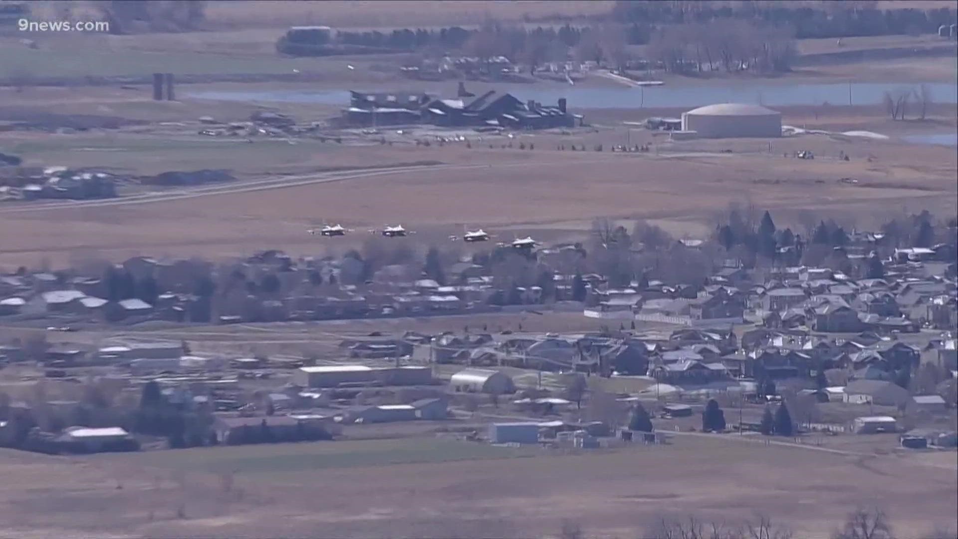 F-16 Fighting Falcon aircraft fly over Loveland to salute veterans past and present.