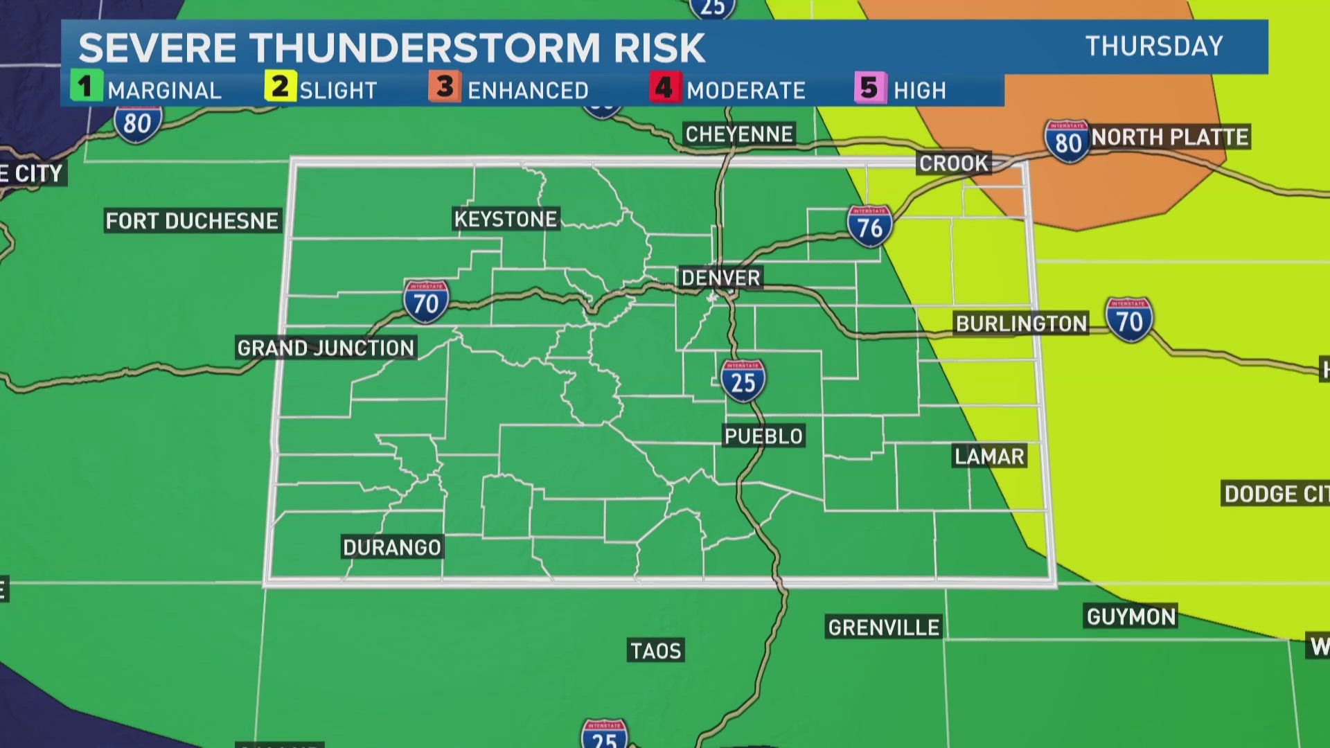 The entire state of Colorado is included in at least a Level 1 Marginal severe thunderstorm risk on Thursday.