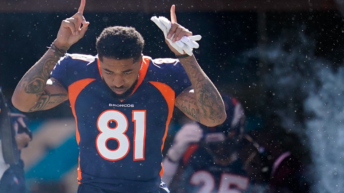 Denver Broncos wide receiver Tim Patrick (81) celebrates a