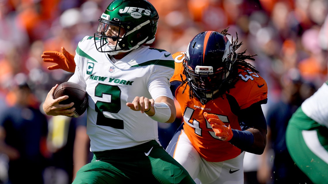 Denver Broncos linebacker Von Miller (58) and linebacker Alexander Johnson  (45) follow a play during the first half of an NFL football game against  the Jacksonville Jaguars, Sunday, Sept. 19, 2021, in