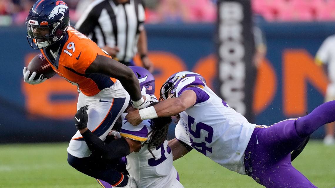 Denver Broncos linebacker Nik Bonitto gets second sack of Minnesota Vikings  quarterback Kellen Mond in as many snaps