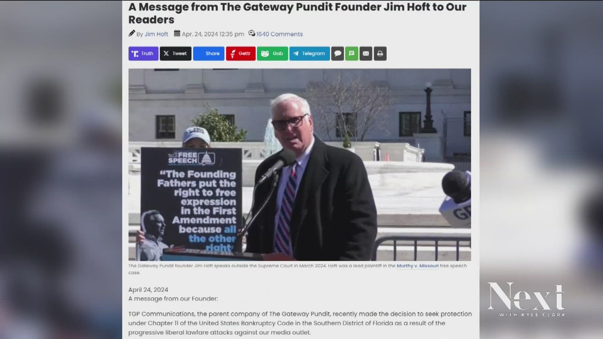The Gateway Pundit blames "liberal lawfare attacks" and said it will use bankruptcy to "consolidate litigation" and continue its work.