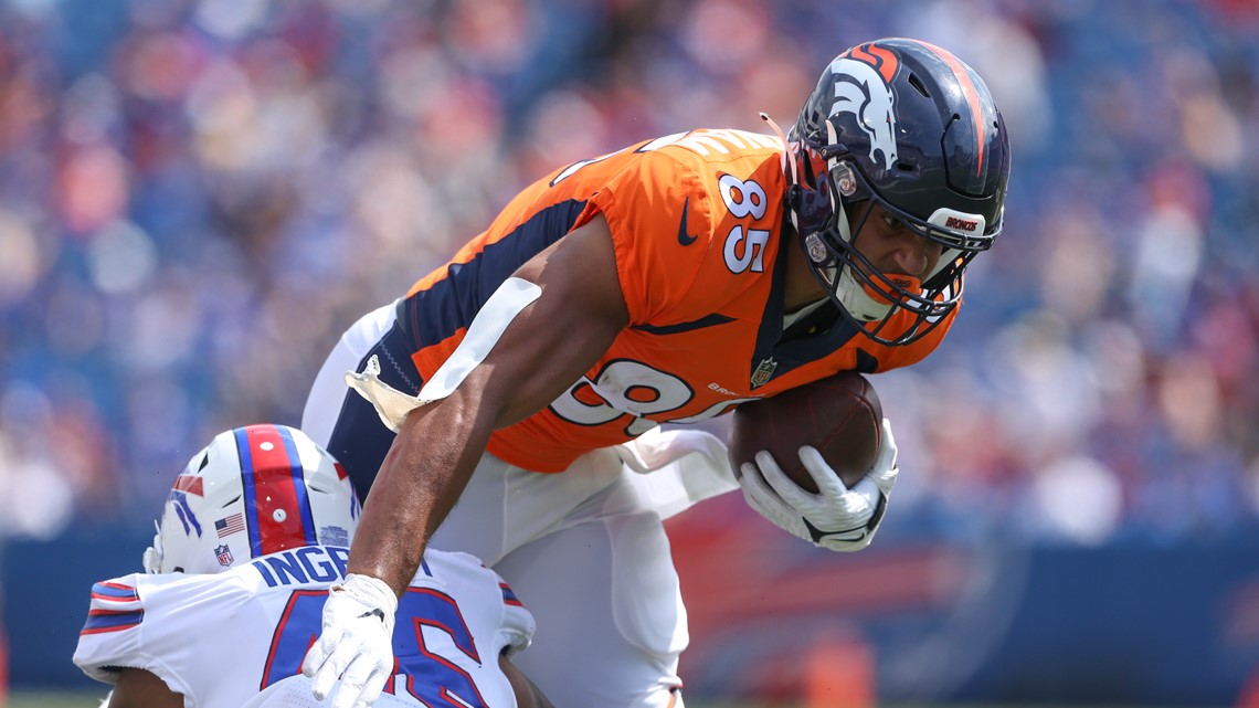 Denver Broncos tight end Greg Dulcich (80) makes a catch during the second  half of an NFL football game against the Denver Broncos Sunday, Dec. 11,  2022, in Denver. (AP Photo/David Zalubowski