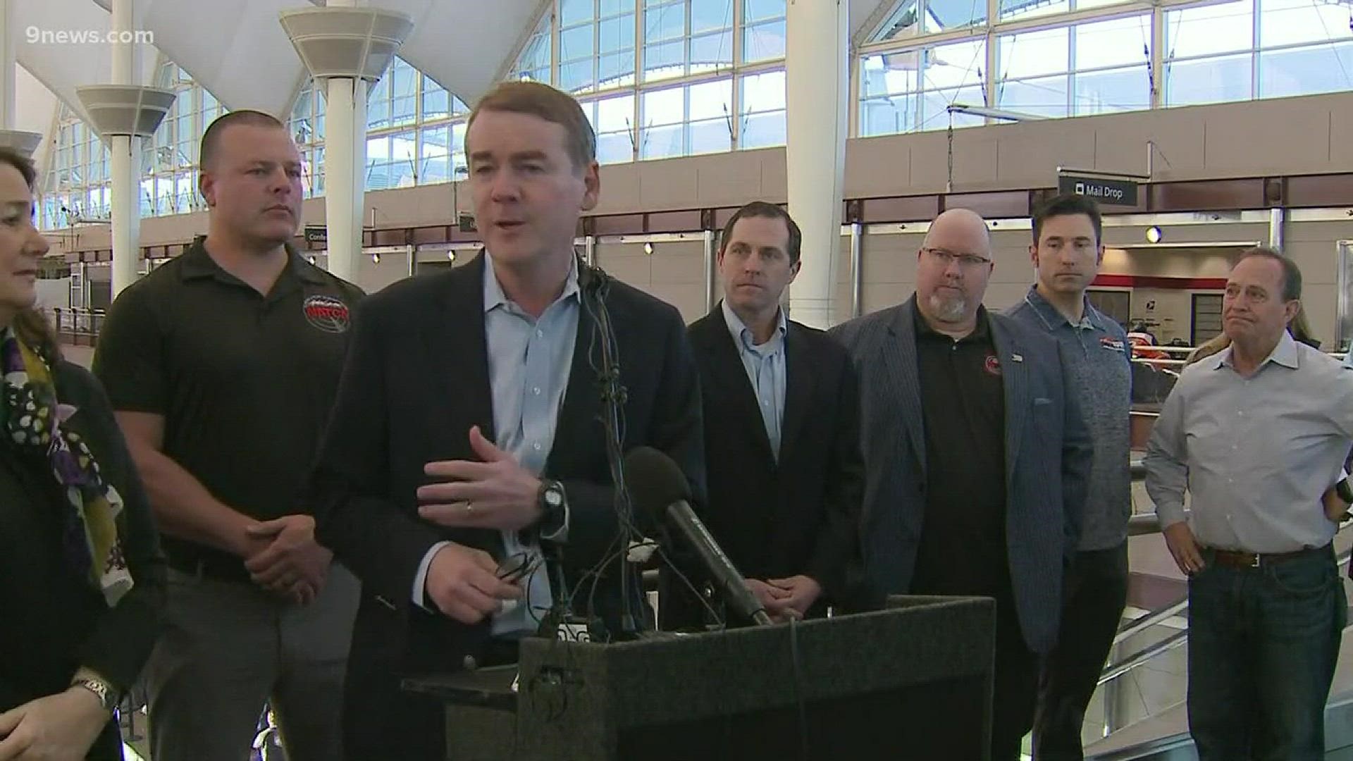 Sen. Michael Bennet and Rep. Diana DeGette speak at DIA about government shutdown on Monday, Jan. 14, 2019.