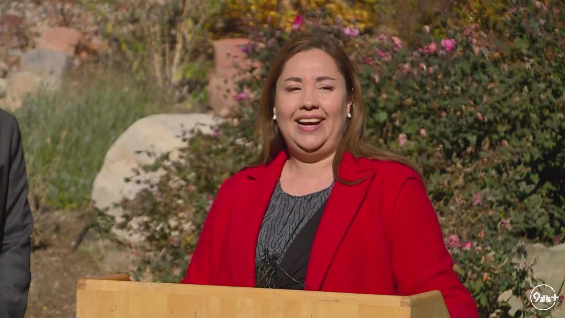 Yadira Caraveo gives remarks in Adams County after her opponent in the race for Colorado's new 8th Congressional District conceded.