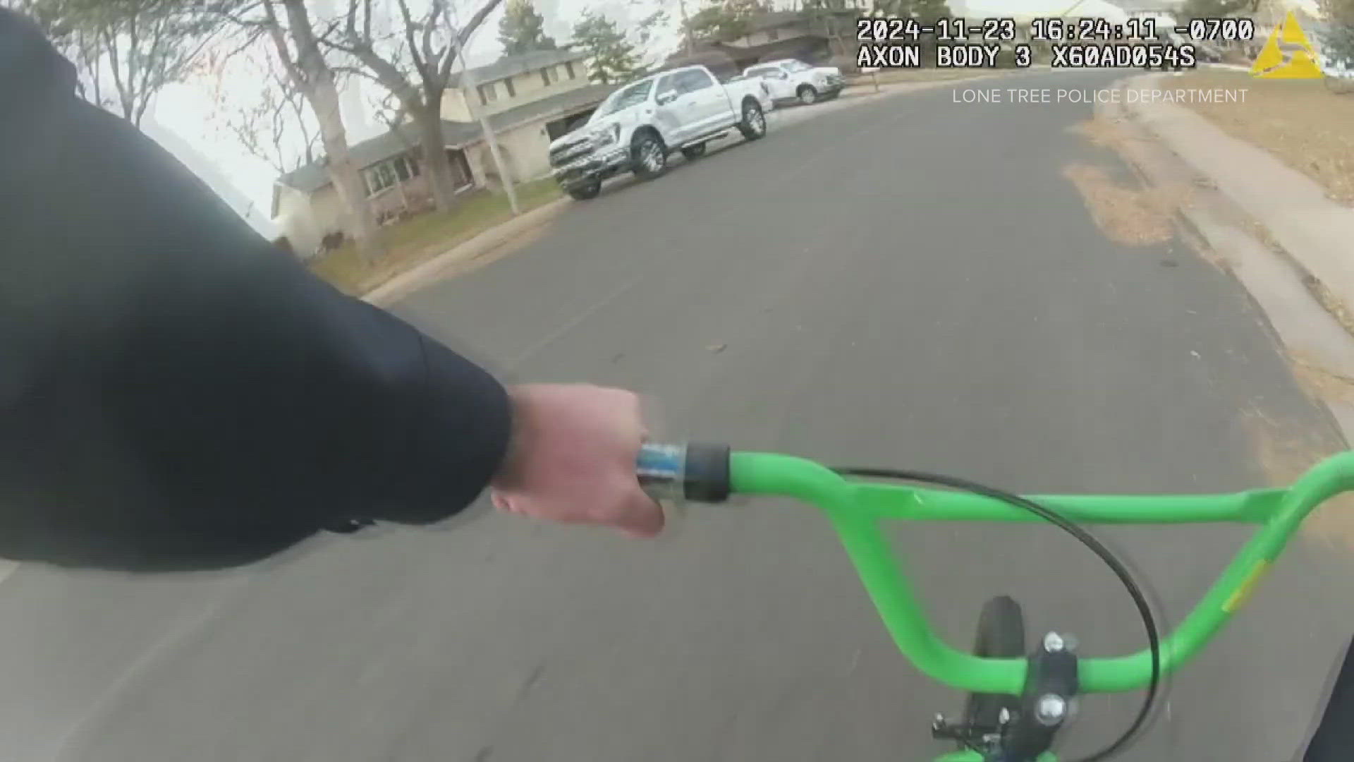 The suspect fled police on a kid's motorized scooter, so the officer borrowed a kid's bike to chase them down, Lone Tree Police said.