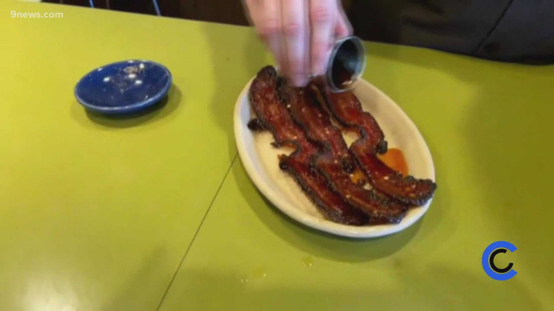 Enjoy this candied bacon on Game Day! Find the whole menu at SnoozeEatery.com.