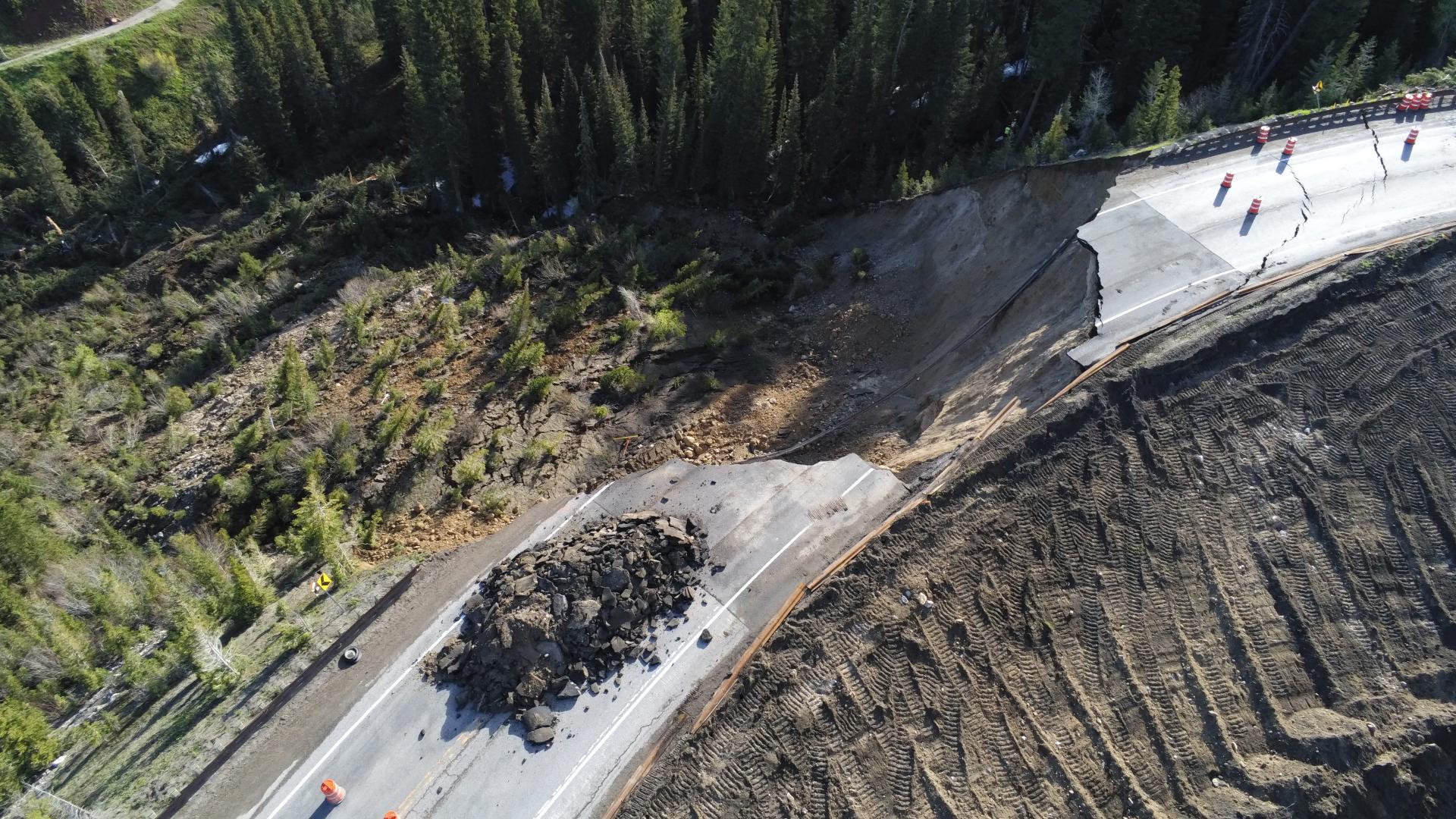 Wyoming highway collapse Massive landslide at Teton Pass road